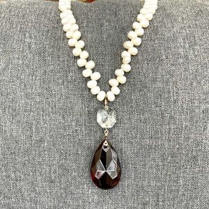 Cultured Seed pearl necklace with large Golden Amber Pendant